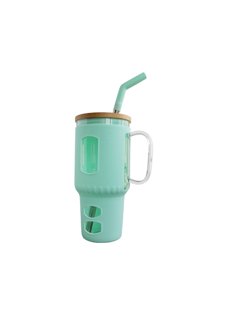 Glasbecher mit Strohhalm & Bambusdeckel – für Auto-Becherhalter, mint