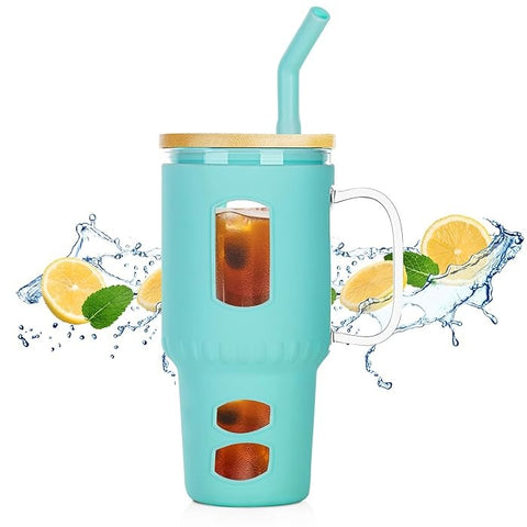 Glasbecher mit Strohhalm & Bambusdeckel – für Auto-Becherhalter, mint