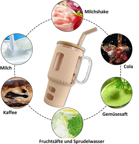 Glasbecher mit Strohhalm & Bambusdeckel – für Auto-Becherhalter, beige