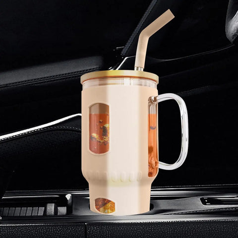Glasbecher mit Strohhalm & Bambusdeckel – für Auto-Becherhalter, beige