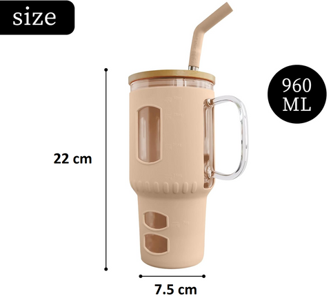 Glasbecher mit Strohhalm & Bambusdeckel – für Auto-Becherhalter, beige