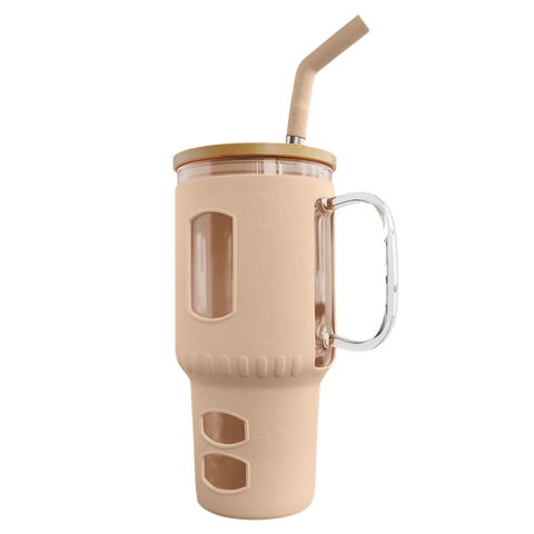 Glasbecher mit Strohhalm & Bambusdeckel – für Auto-Becherhalter, beige