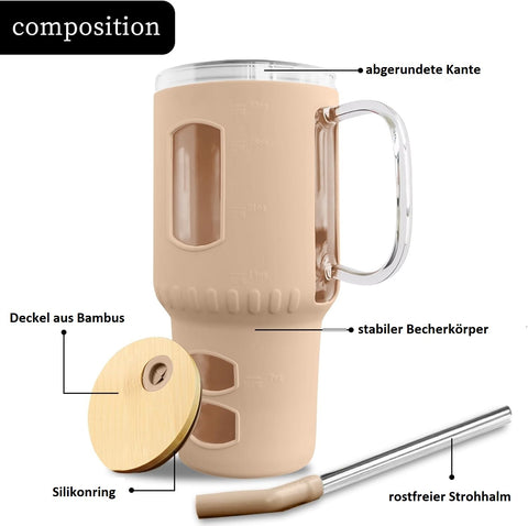 Glasbecher mit Strohhalm & Bambusdeckel – für Auto-Becherhalter, beige