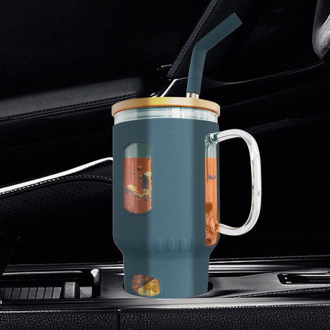Glasbecher mit Strohhalm & Bambusdeckel – für Auto-Becherhalter, dunkelblau