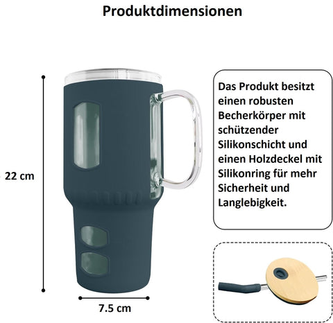 Glasbecher mit Strohhalm & Bambusdeckel – für Auto-Becherhalter, dunkelblau