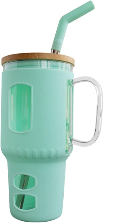 Glasbecher mit Strohhalm & Bambusdeckel – für Auto-Becherhalter, mint