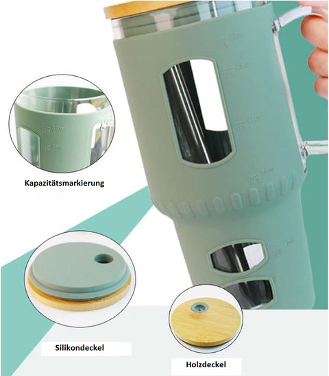 Glasbecher mit Strohhalm & Bambusdeckel – für Auto-Becherhalter, mint