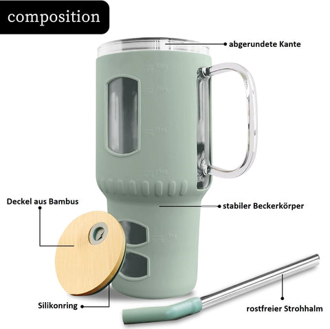 Glasbecher mit Strohhalm & Bambusdeckel – für Auto-Becherhalter, olive