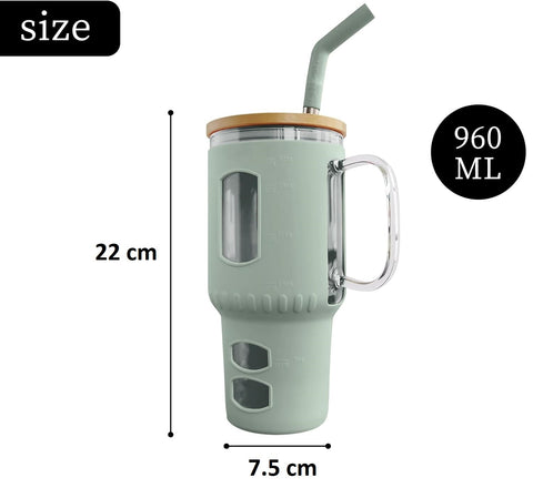 Glasbecher mit Strohhalm & Bambusdeckel – für Auto-Becherhalter, olive