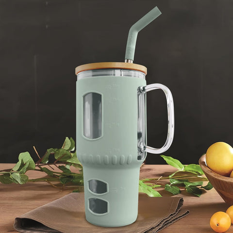 Glasbecher mit Strohhalm & Bambusdeckel – für Auto-Becherhalter, olive