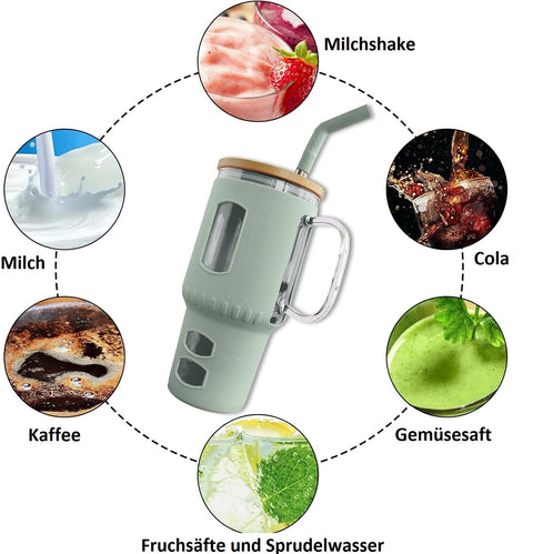 Glasbecher mit Strohhalm & Bambusdeckel – für Auto-Becherhalter, olive