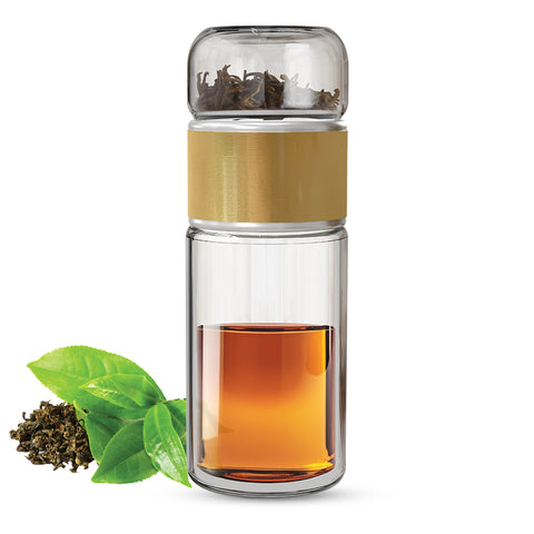 Drehbare Teeflasche aus hitzebeständigem Glas mit Teefilter - to go, 240 ml, gold