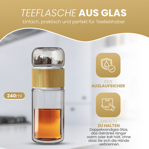 Drehbare Teeflasche aus hitzebeständigem Glas mit Teefilter - to go, 240 ml, gold