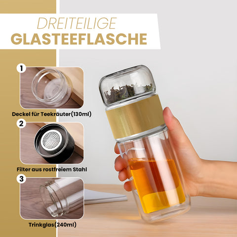 Drehbare Teeflasche aus hitzebeständigem Glas mit Teefilter - to go, 240 ml, gold