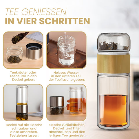 Drehbare Teeflasche aus hitzebeständigem Glas mit Teefilter - to go, 240 ml, gold