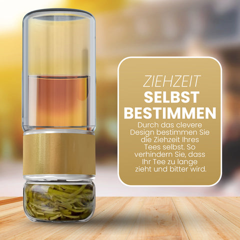 Drehbare Teeflasche aus hitzebeständigem Glas mit Teefilter - to go, 240 ml, gold