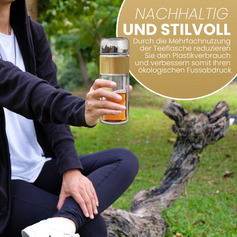 Drehbare Teeflasche aus hitzebeständigem Glas mit Teefilter - to go, 240 ml, gold