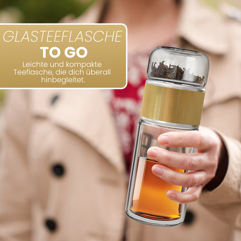 Drehbare Teeflasche aus hitzebeständigem Glas mit Teefilter - to go, 240 ml, gold