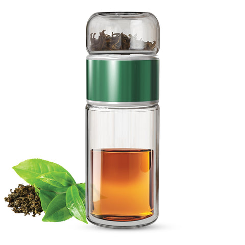 Drehbare Teeflasche aus hitzebeständigem Glas mit Teefilter - to go, 240 ml, grün