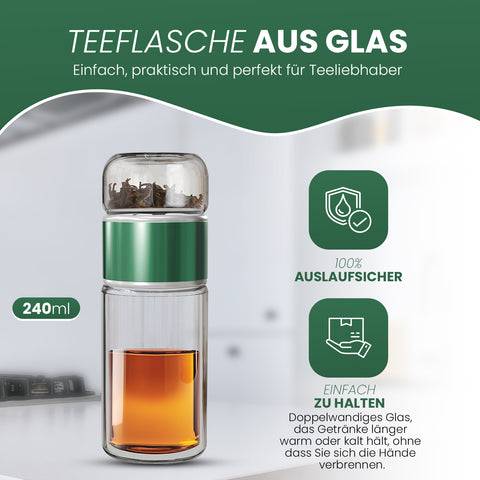 Drehbare Teeflasche aus hitzebeständigem Glas mit Teefilter - to go, 240 ml, grün