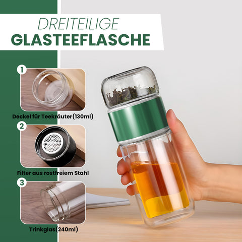 Drehbare Teeflasche aus hitzebeständigem Glas mit Teefilter - to go, 240 ml, grün