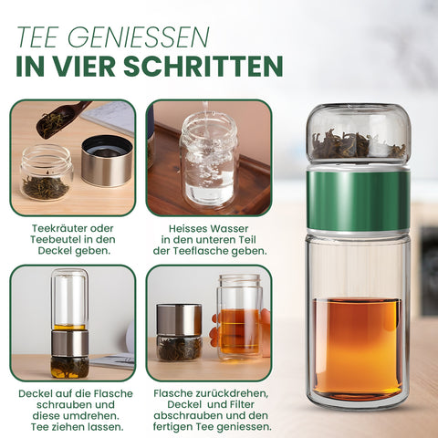 Drehbare Teeflasche aus hitzebeständigem Glas mit Teefilter - to go, 240 ml, grün