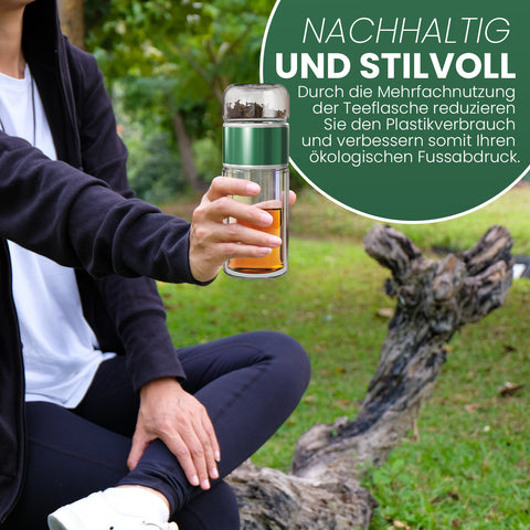 Drehbare Teeflasche aus hitzebeständigem Glas mit Teefilter - to go, 240 ml, grün