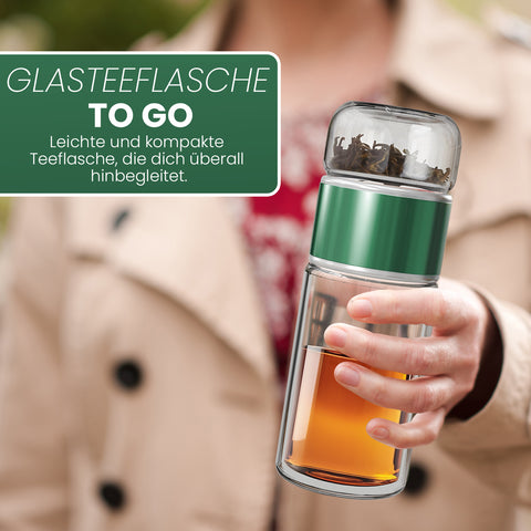 Drehbare Teeflasche aus hitzebeständigem Glas mit Teefilter - to go, 240 ml, grün