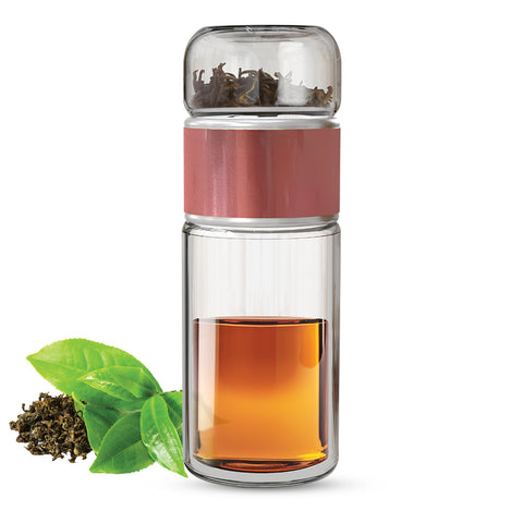 Drehbare Teeflasche aus hitzebeständigem Glas mit Teefilter - to go, 240 ml, pink