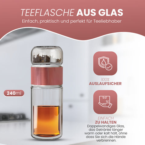 Drehbare Teeflasche aus hitzebeständigem Glas mit Teefilter - to go, 240 ml, pink