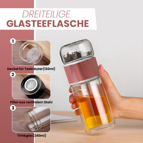Drehbare Teeflasche aus hitzebeständigem Glas mit Teefilter - to go, 240 ml, pink