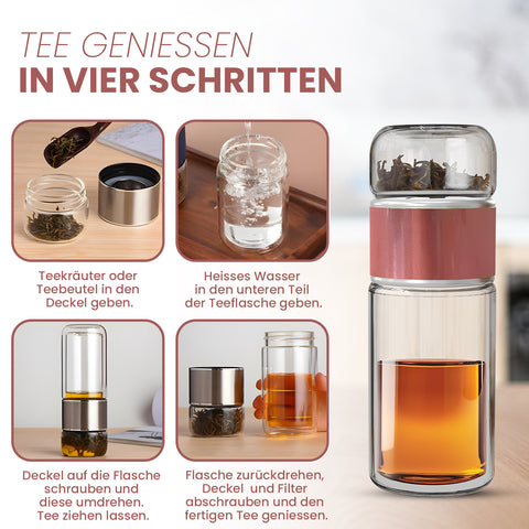 Drehbare Teeflasche aus hitzebeständigem Glas mit Teefilter - to go, 240 ml, pink