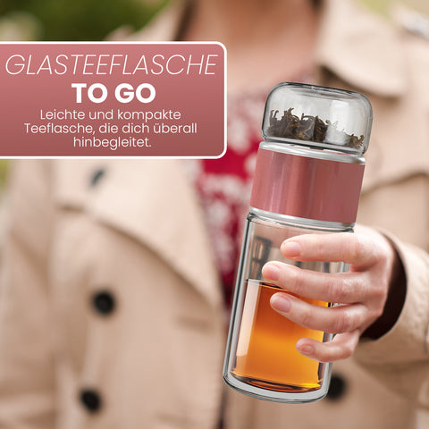 Drehbare Teeflasche aus hitzebeständigem Glas mit Teefilter - to go, 240 ml, pink