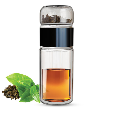 Drehbare Teeflasche aus hitzebeständigem Glas mit Teefilter - to go, 240 ml, schwarz