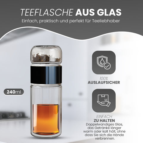 Drehbare Teeflasche aus hitzebeständigem Glas mit Teefilter - to go, 240 ml, schwarz