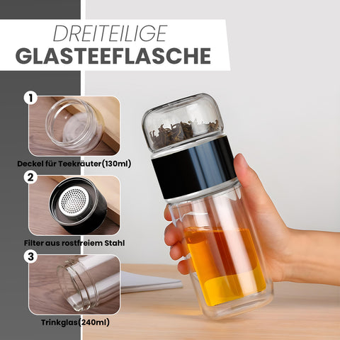 Drehbare Teeflasche aus hitzebeständigem Glas mit Teefilter - to go, 240 ml, schwarz