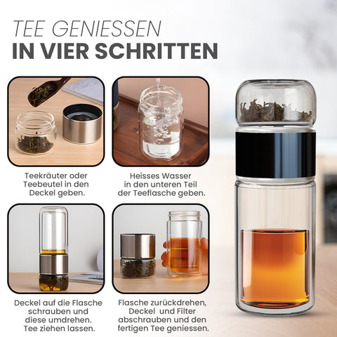Drehbare Teeflasche aus hitzebeständigem Glas mit Teefilter - to go, 240 ml, schwarz