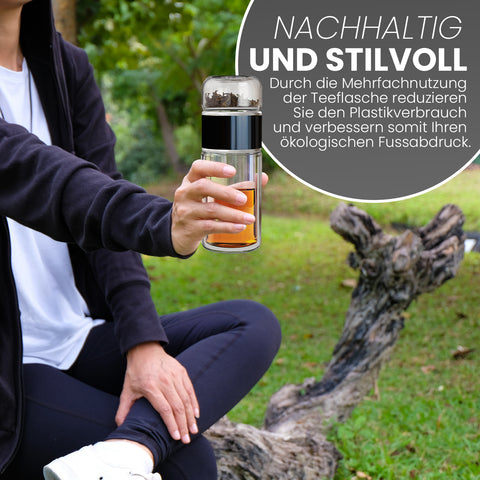 Drehbare Teeflasche aus hitzebeständigem Glas mit Teefilter - to go, 240 ml, schwarz
