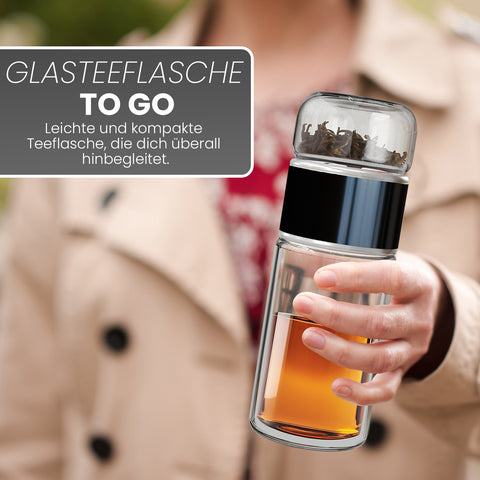 Drehbare Teeflasche aus hitzebeständigem Glas mit Teefilter - to go, 240 ml, schwarz