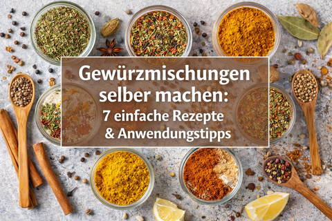Titelbild zu „Gewürzmischungen selber machen“ mit sieben selbstgemachten Gewürzmischungen in Gläsern, umgeben von ganzen und gemahlenen Gewürzen.