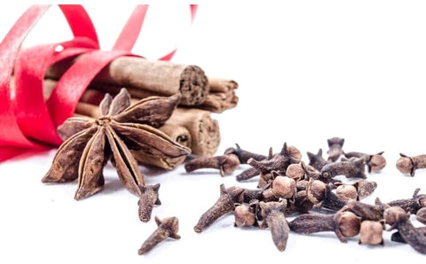 Weisser Hintergrund, links Zimtstangen mit einer roten Schleife, daran gelehnt ein Stück Sternanis und davor verstreut bis zur rechten unteren Ecke Nelken