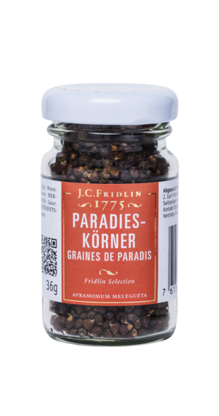 Gewurzladen Nafels J.C. Fridlin 1775 Paradies-Körner (Grains de Paradis) in einem kleinen Gewürzglas.