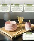 Gewurzladen Nafels Infografik mit rosa Matcha-Schale, Bambusbesen, Halter und Löffel, inklusive Namen und Beschreibungen.