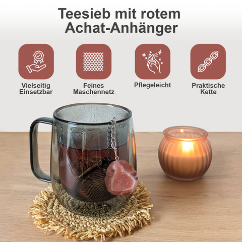 Teesieb mit rotem Achat-Anhänger (Teeei, Teekugel, Gewürzsieb)