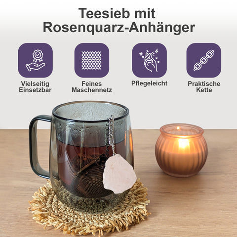 Teesieb mit Rosenquarz-Anhänger (Teeei, Teekugel, Gewürzsieb)