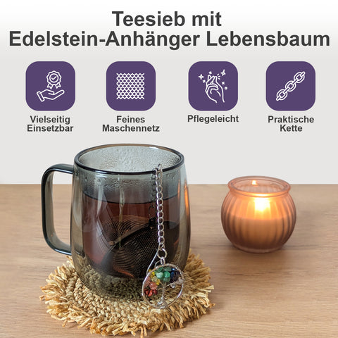 Teesieb mit Edelstein-Anhänger Lebensbaum (Teeei, Teekugel, Gewürzsieb)