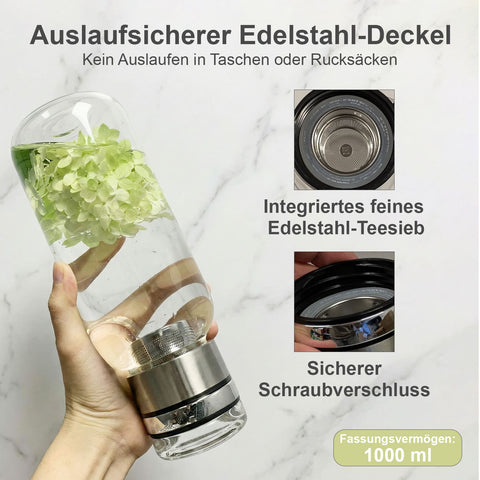 Glas Teeflasche 1000ml mit Sieb – Drehbare Teeflasche aus Borosilikatglas