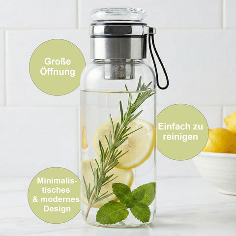 Glas Teeflasche 1000ml mit Sieb – Drehbare Teeflasche aus Borosilikatglas