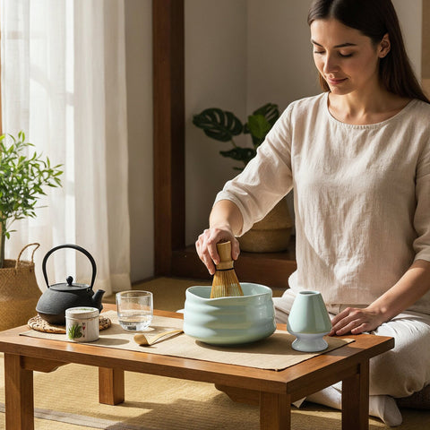 Gewurzladen Nafels Frau bereitet Matcha Tee mit Besen und hell minzgrüner Schale auf einem Holztisch zu.