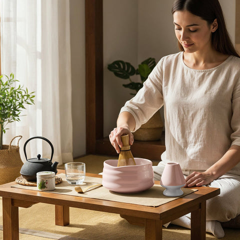 Gewurzladen Nafels Frau bereitet Matcha Tee mit Besen und rosa Schale auf einem Holztisch zu.